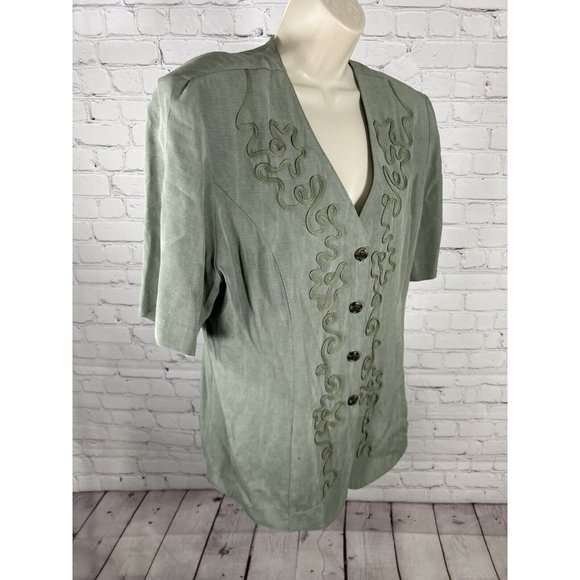 VTG Perceptions By Irene B Green Shoulder Padded Button Up Embellished Blouse 14 - Picture 2 of 10